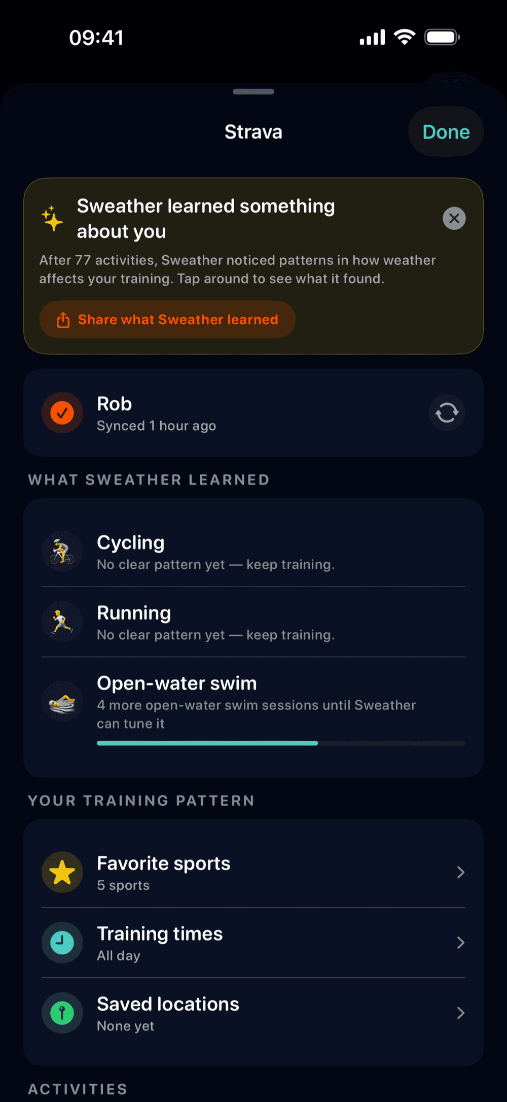 Strava hub screen showing what Sweather learned per sport, tuned scoring, training patterns, and activity history