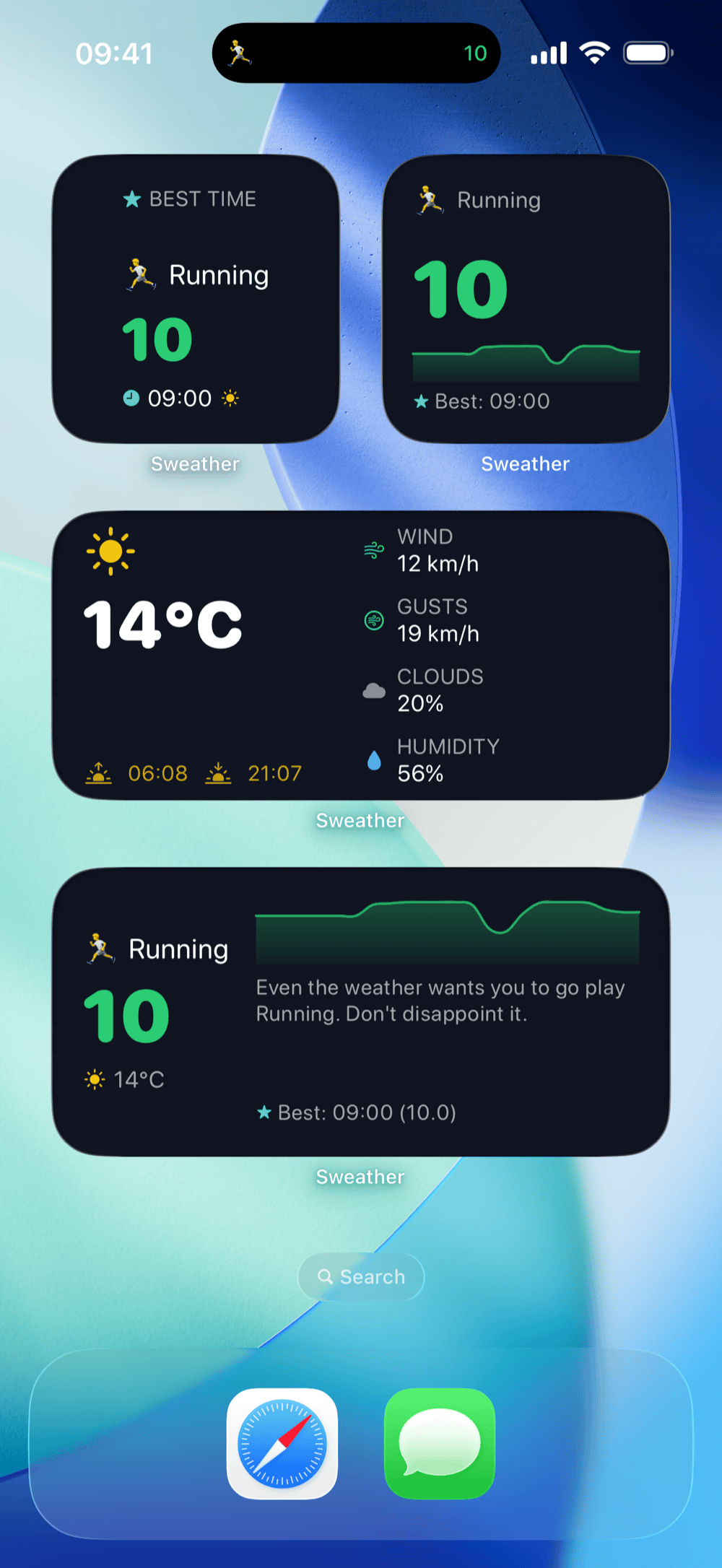 iOS widget gallery showing Sweather widgets: Best Time, Sport Score, Weather, and Live Activity preview